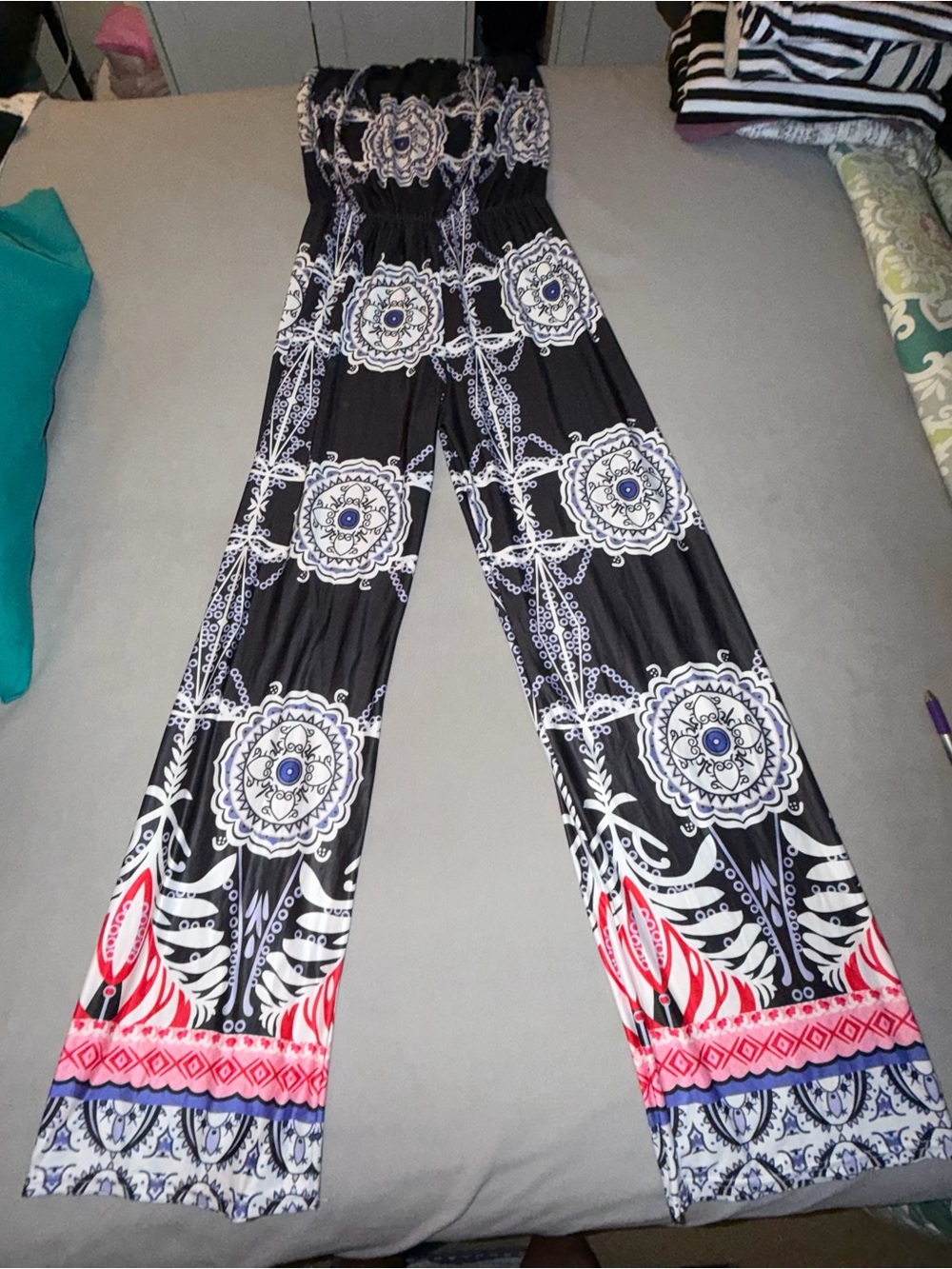 Women’s Boho Printed Strapless Jumpsuit - Black, White & Redish